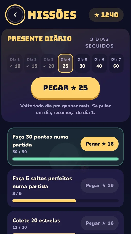 Tela de missões com o presente diário e três missões em andamento